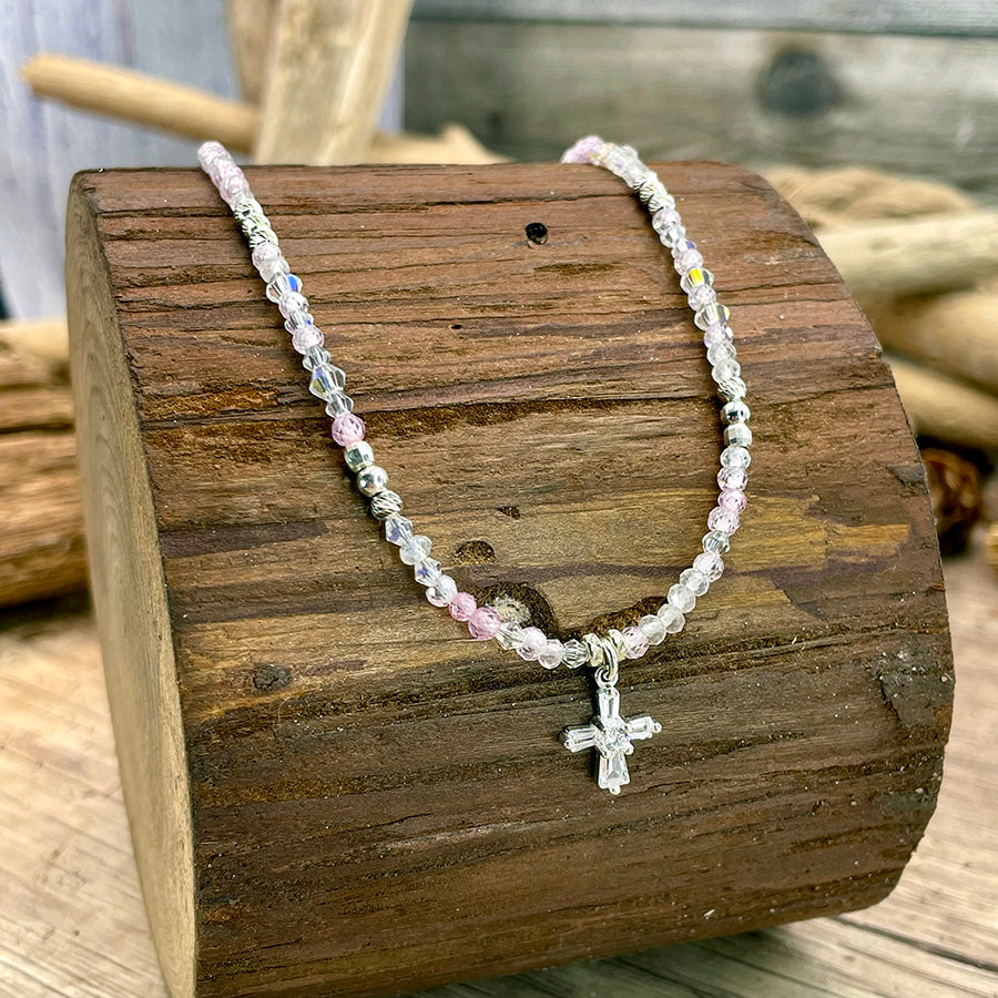 Collier femme en argent 925 – HOLY CRUSH SUGAR, perles pierre de lune arc-en-ciel, zircons roses & croix art déco