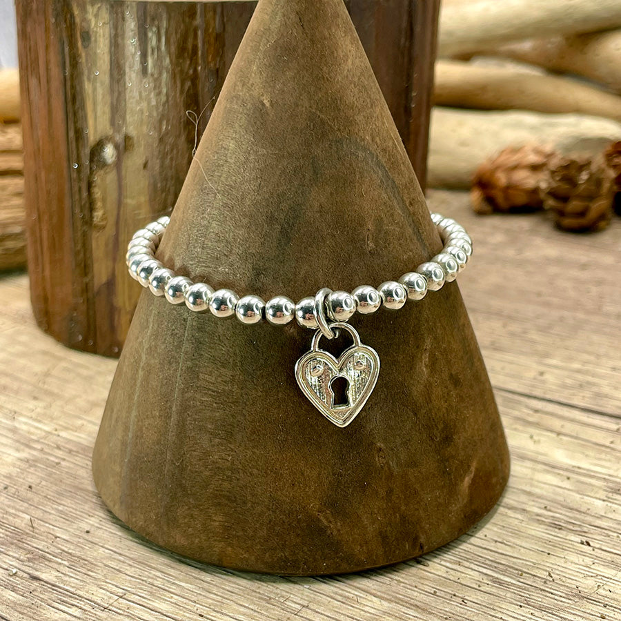Bracelet femme LOCKED ON ME – perles boules 5 mm en argent 925 & pendentif cadenas cœur oversize