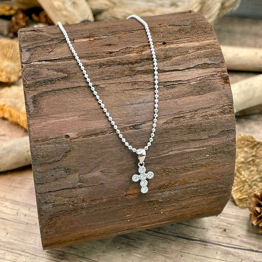 Collier femme SIN CITY – chaîne boules facettées scintillantes, pendentif croix zircons et argent 925