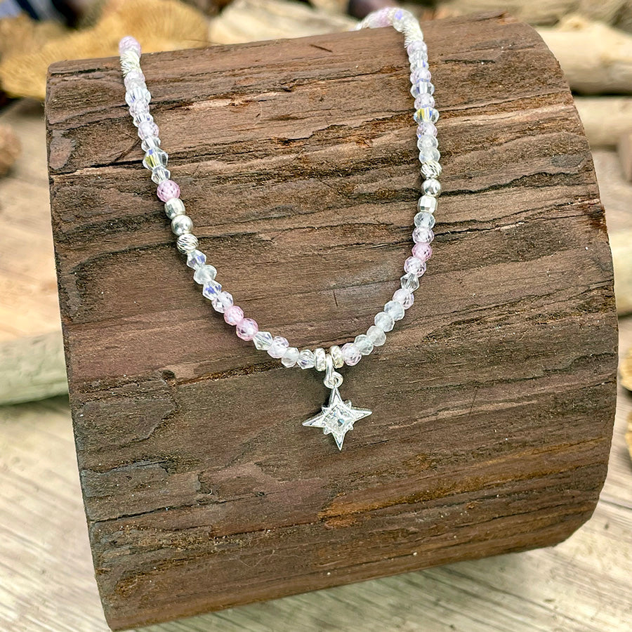 Collier femme GLITTER MY SKY – perles facettées de pierre de lune arc-en-ciel, zircons rose et étoile polaire pavée de zircons en argent 925