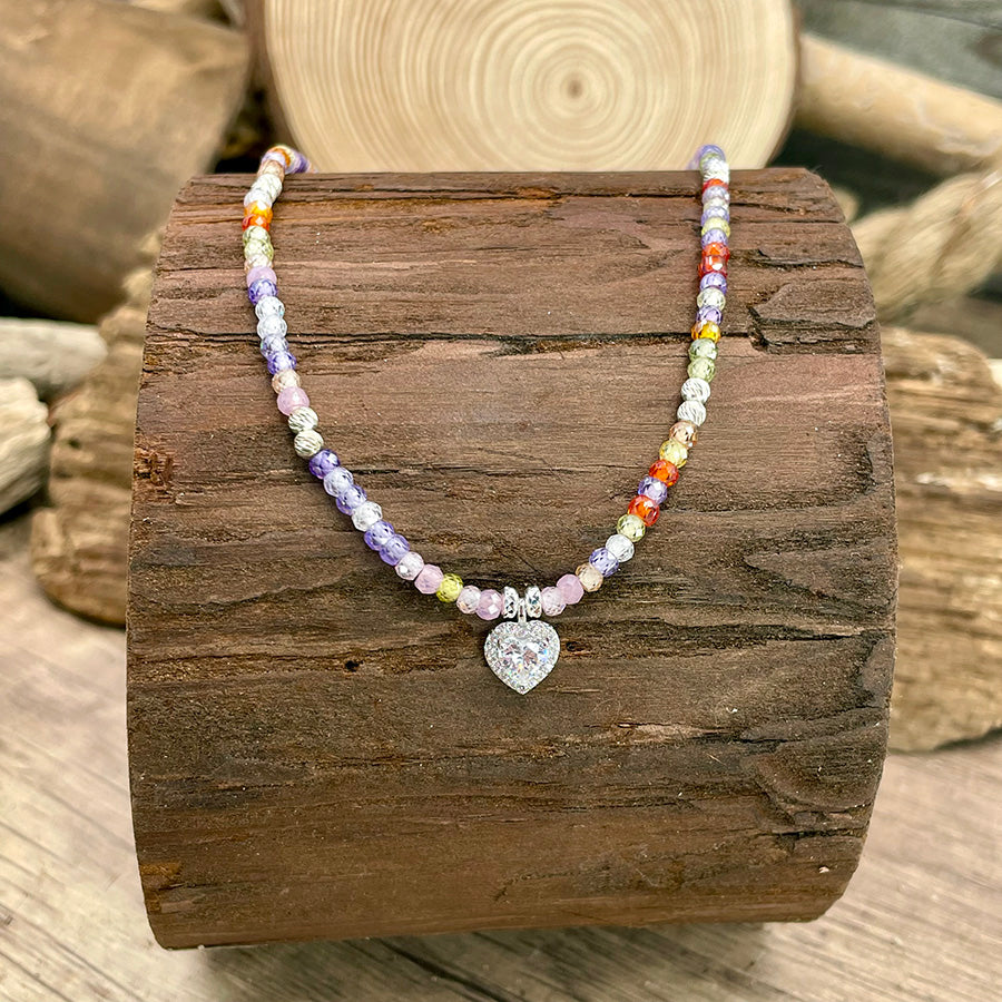 Collier femme en argent 925 – LICK MY HEART, perles zircons multicolores & cœur bombshell en solitaire