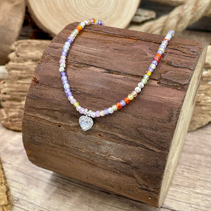 Collier femme en argent 925 – LICK MY HEART, perles zircons multicolores & cœur bombshell en solitaire