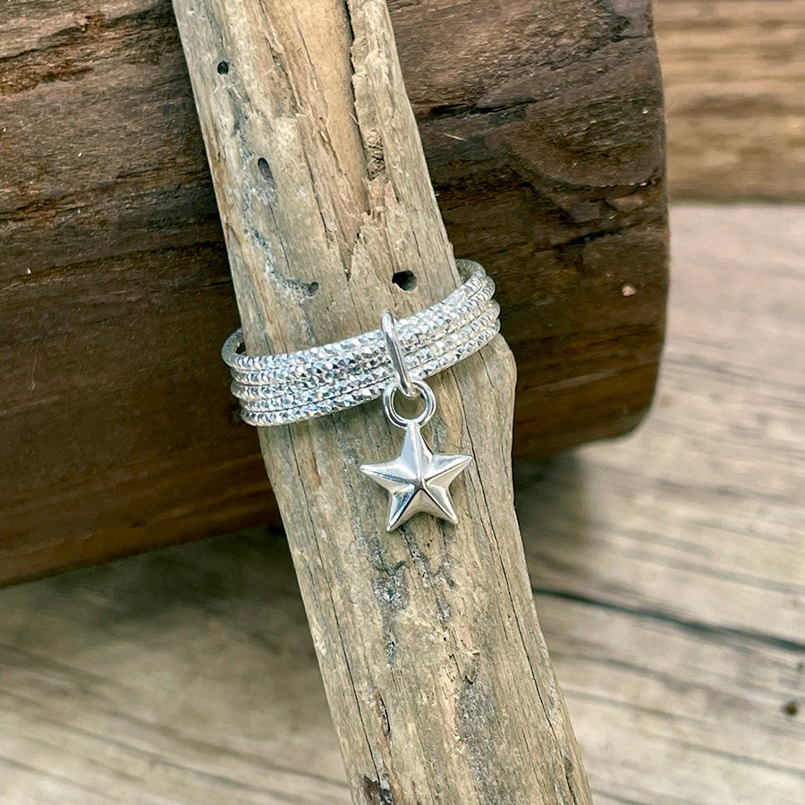 Bague femme STARZ ONLY – argent 925, 5 anneaux facettés et pendentif étoile