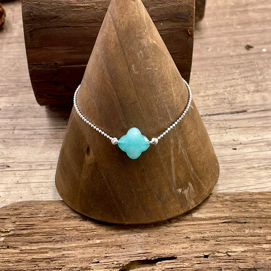 Bracelet femme SPLASH MY SOUL – trèfle en amazonite facettée & chaîne boules scintillantes en argent 925