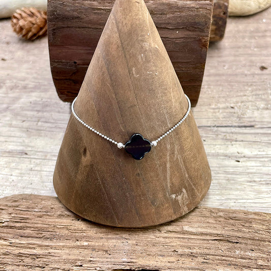 Bracelet femme SMOOTH MY LUCK trèfle en onyx – chaîne boules facettées argent 925 – perles diamantées – fait main Pitch & Néo