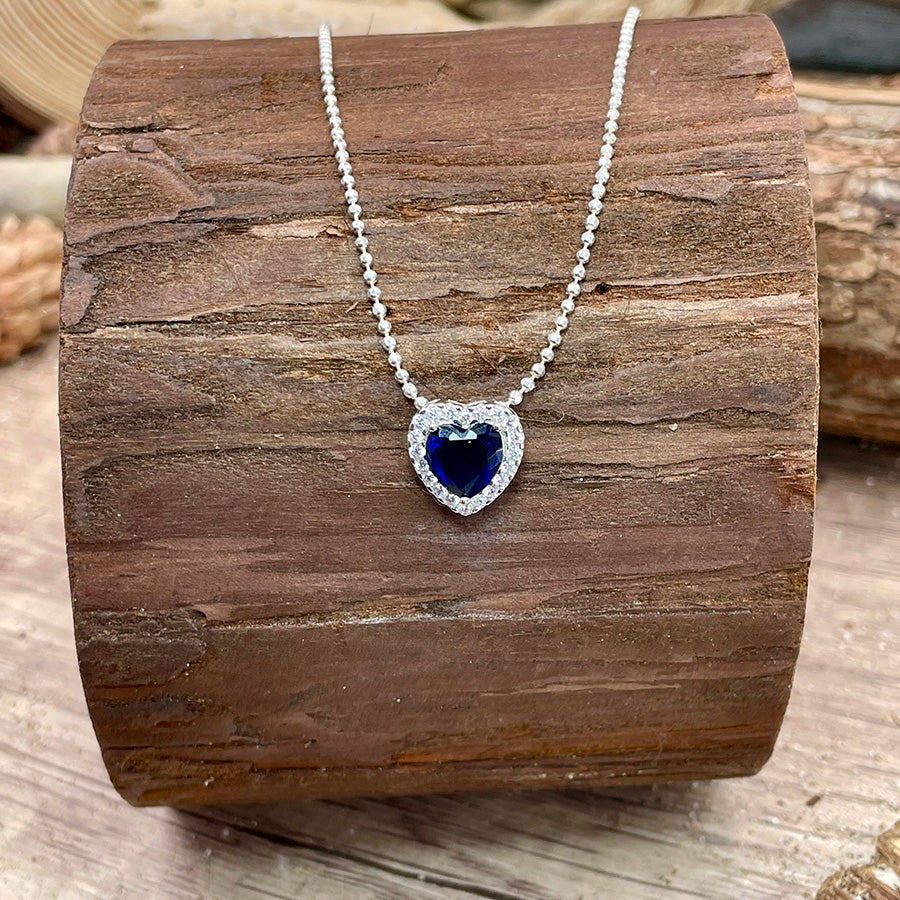 Collier femme DON’T PLAY WITH MY HEART, SUGAR – chaîne boules facettées scintillantes, pendentif cœur zircon bleu halo zircon diamant et argent 925