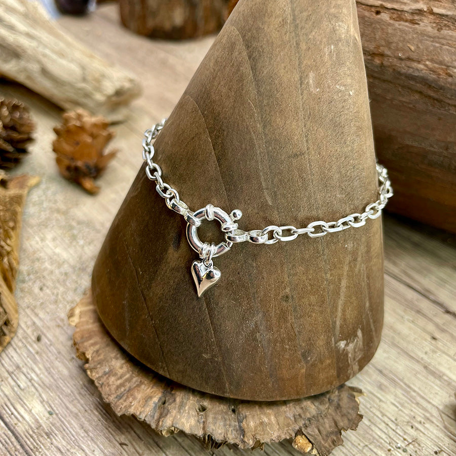 Bracelet femme DON’T PLAY MY HEART – chaîne vénitienne allongée en argent 925, fermoir bouée bijou et pendentif cœur bombé
