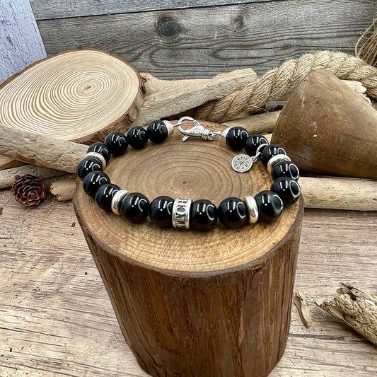 Bracelet homme BACK TO BLACK – perles d’onyx 10 mm, fermoir argent 925
