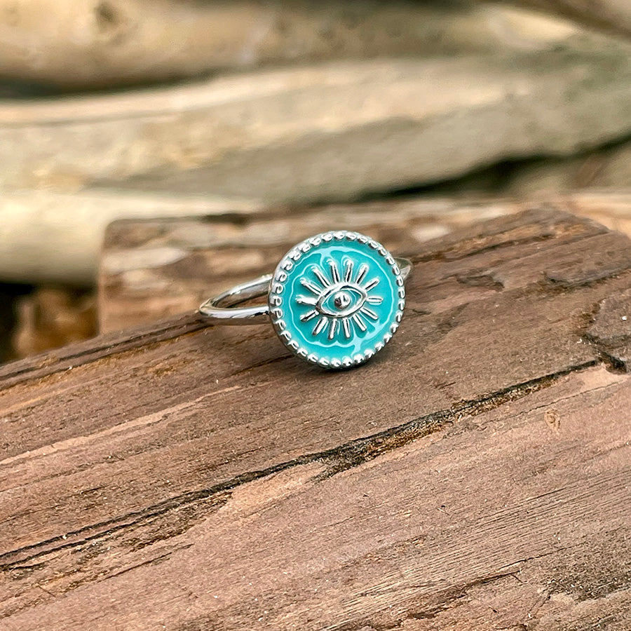Bague femme EYE DON'T PLAY – symbole œil émaillé turquoise en argent 925