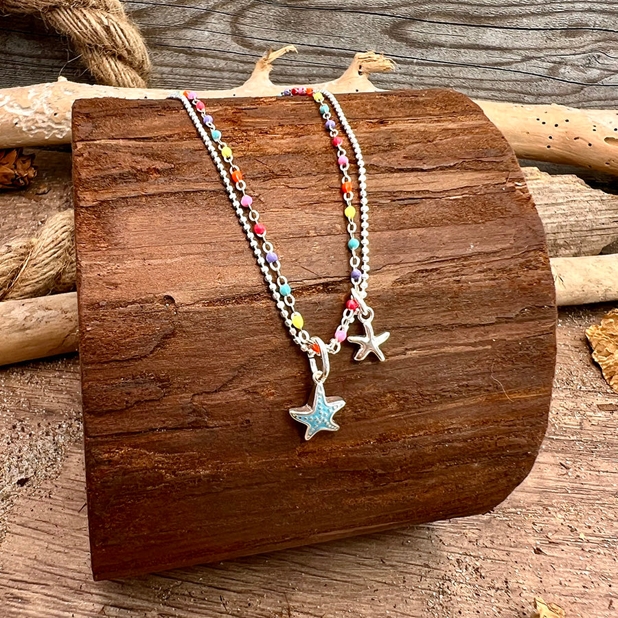 Collier femme double rang STARFISH & REPEAT – chaîne perles émaillées fluo multicolore, chaîne boules facettées scintillantes et double pendentif étoile de mer argent 925