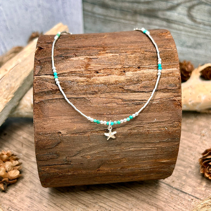 Collier femme ONE WAY TO MALIBU – perles liquid silver, perles de turquoise du Nevada et pendentif étoile de mer argent 925