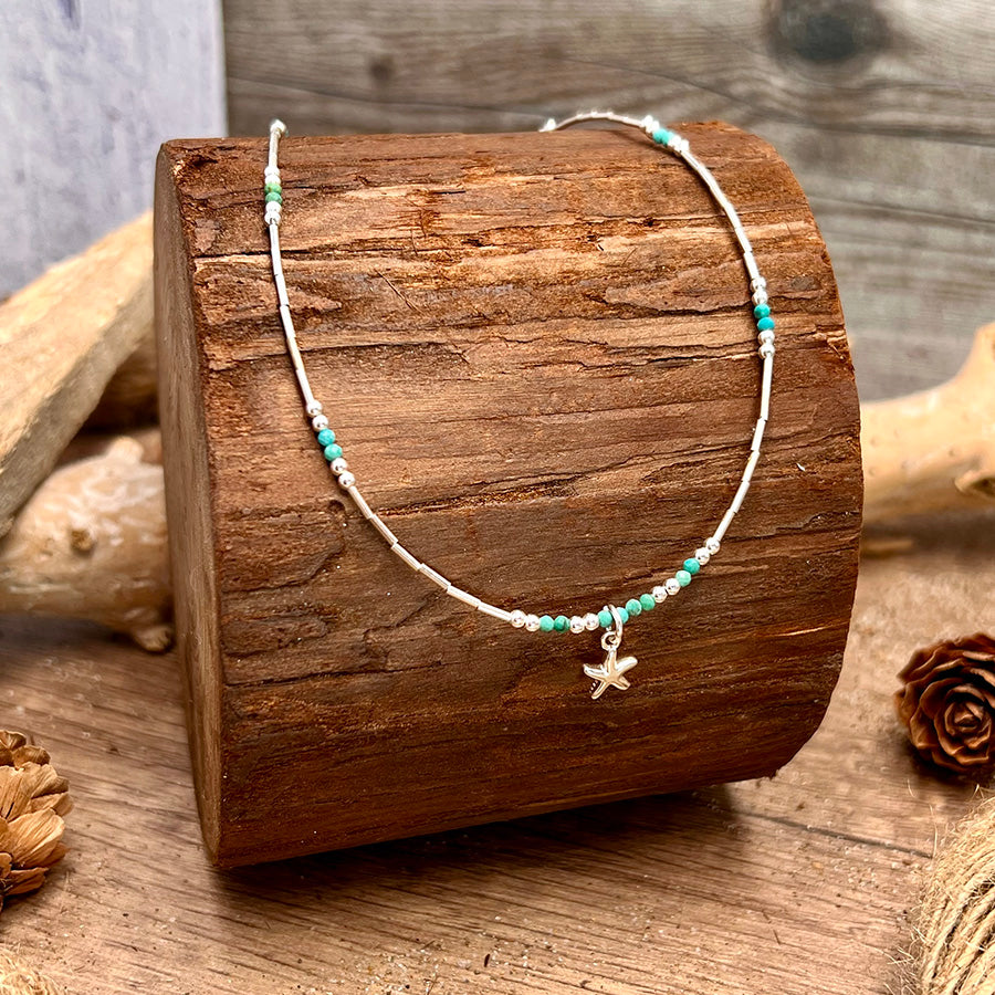 Collier femme ONE WAY TO MALIBU – perles liquid silver, perles de turquoise du Nevada et pendentif étoile de mer argent 925