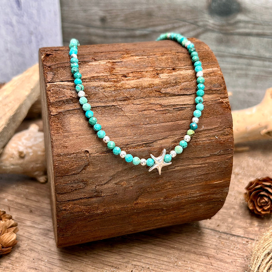 Collier femme SHELL ME BABY ONE MORE TIME – perles de turquoise naturelle, pendentif étoile de mer et argent 925