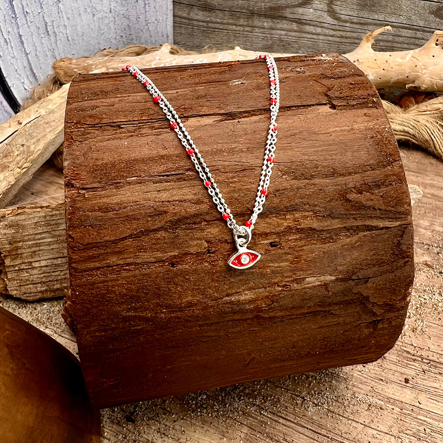 Collier femme ALL EYEZ ON ME – chaîne perles émaillées rouge, pendentif œil émail rouge et zircon, argent 925
