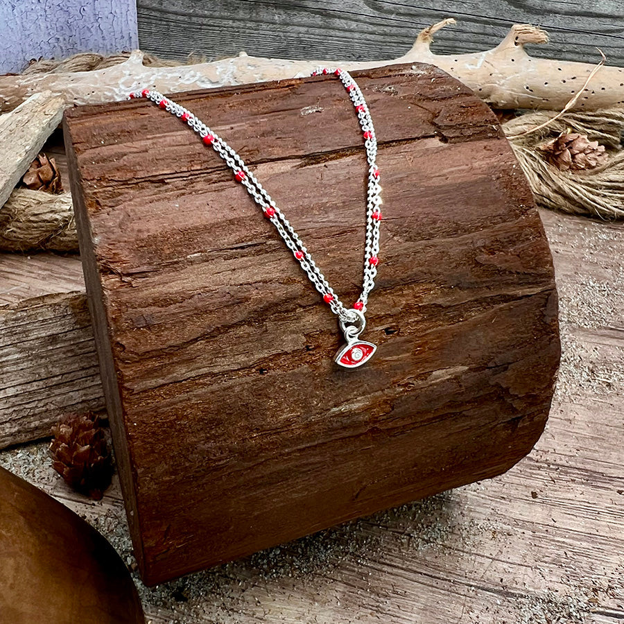 Collier femme ALL EYEZ ON ME – chaîne perles émaillées rouge, pendentif œil émail rouge et zircon, argent 925