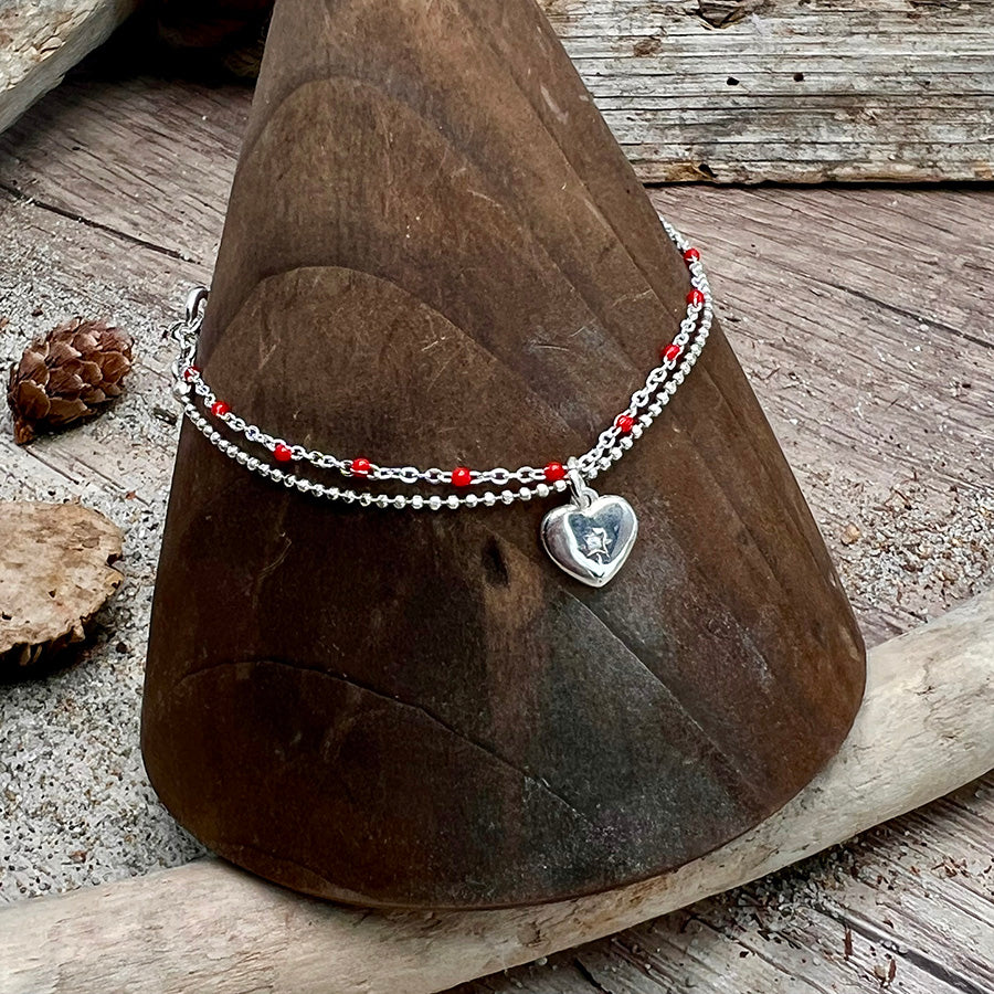 Bracelet femme double-rang SHOT MY HEART, BABY – chaîne perles émaillées rouges, pendentif cœur zircon étoile et chaîne boules argent 925