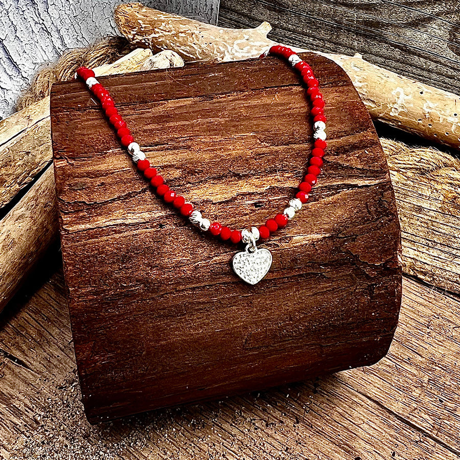 Collier femme LIGHT MY FIRE – perles de corail bambou facettées, pendentif cœur pavé de zircons façon diamant et argent 925