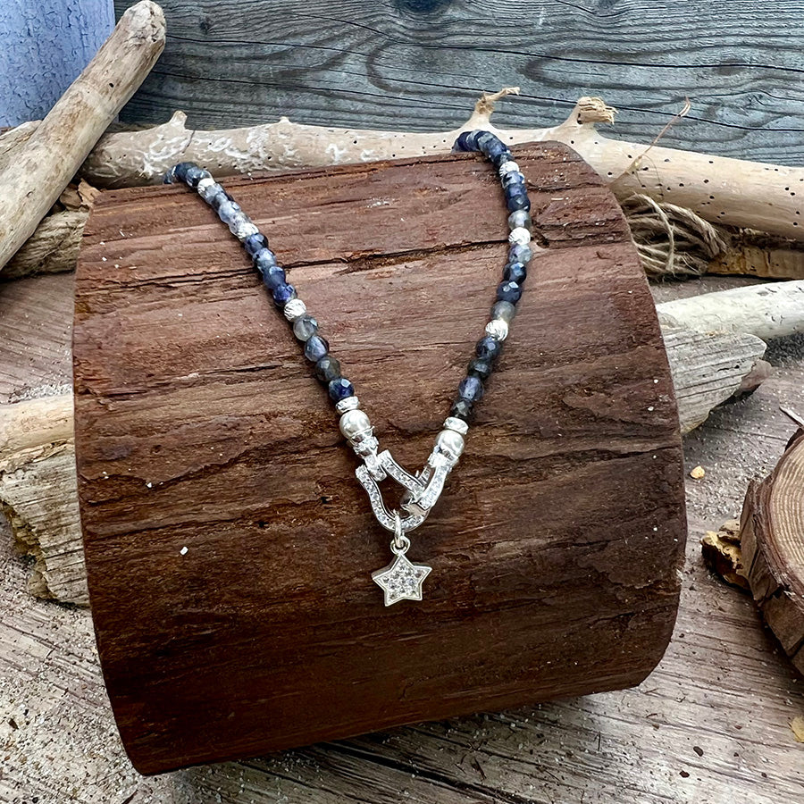 WATER SAPPHIRE NECKLACE WITH CORDIERITE BEADS AND ZIRCONIA CROSS PENDANT AND 925 SILVER