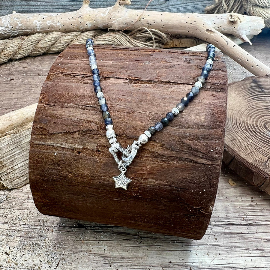 WATER SAPPHIRE NECKLACE WITH CORDIERITE BEADS AND ZIRCONIA CROSS PENDANT AND 925 SILVER