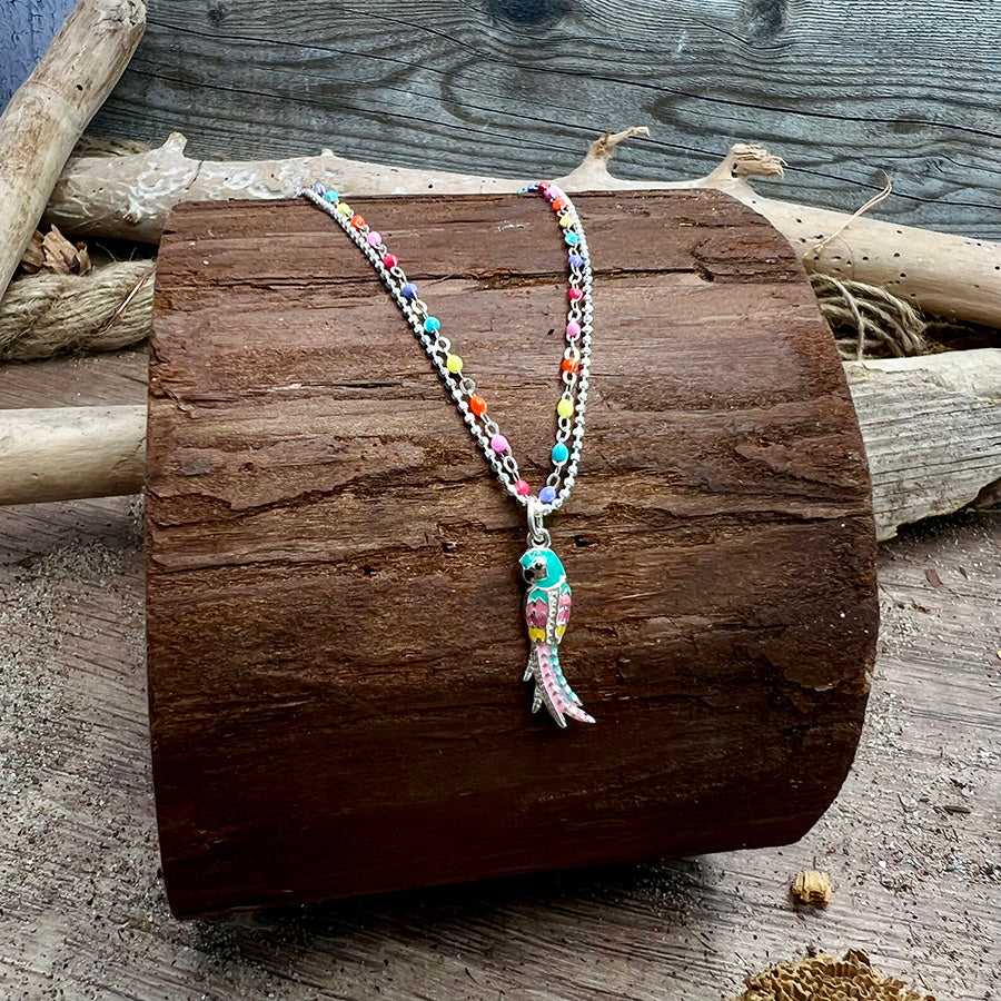 Collier femme double rang FLY ME TO IBIZA – chaîne perles émaillées fluo multicolores et pendentif perroquet émaillé argent 925