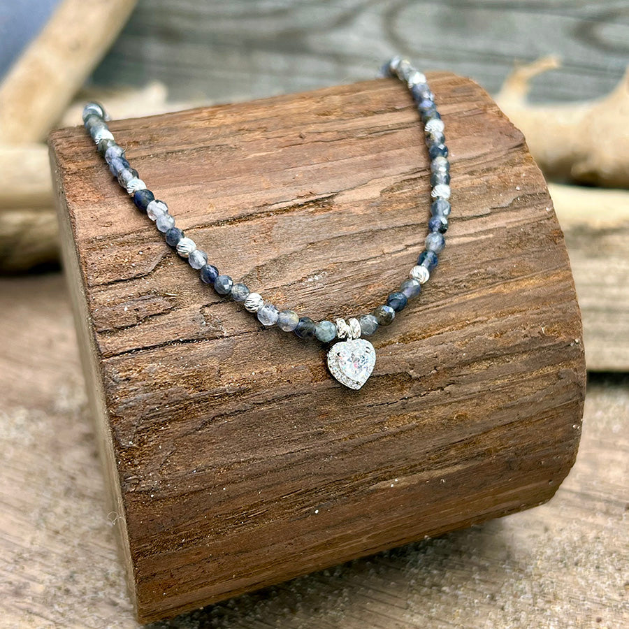 WATER SAPPHIRE NECKLACE WITH CORDIERITE BEADS AND ZIRCONIA CROSS PENDANT AND 925 SILVER