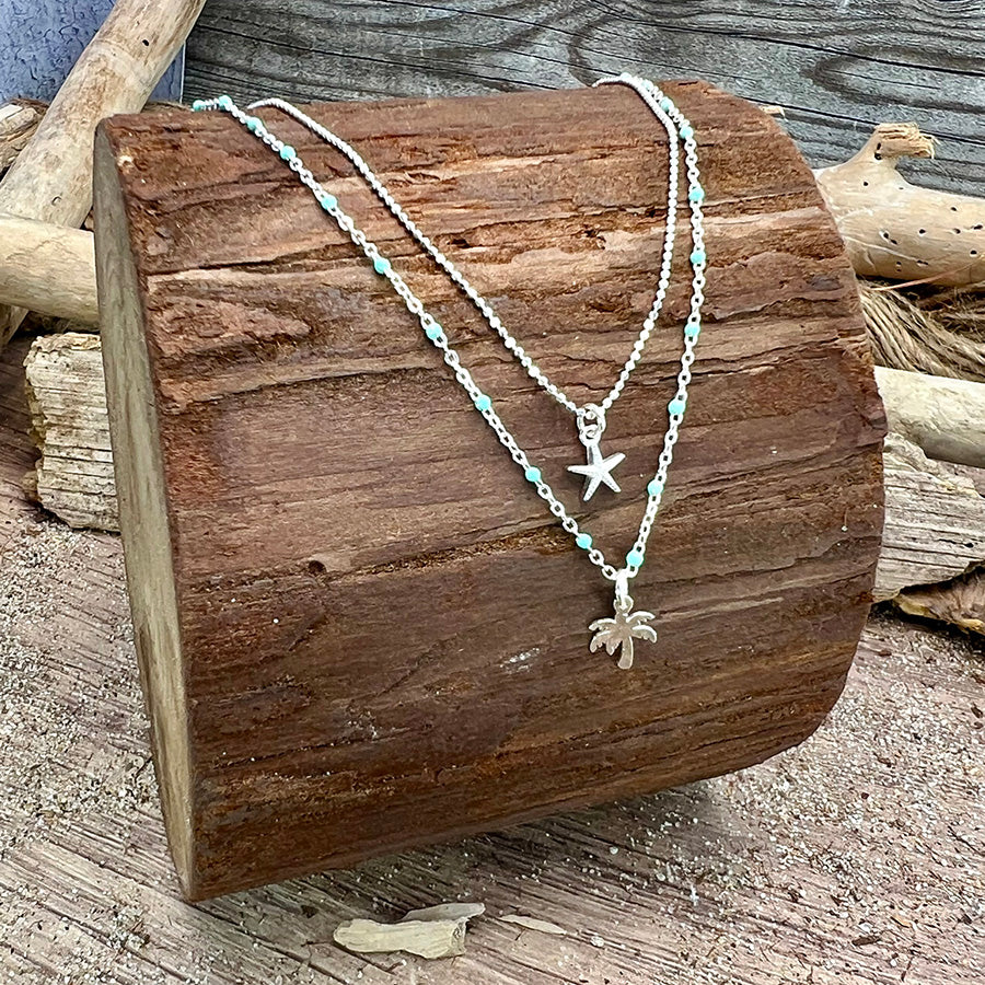 Collier femme double rang SPRITZ UNDER THE PALMS – chaîne perles émaillées turquoise, chaîne boules facettées scintillantes et pendentif palmier miroir argent 925