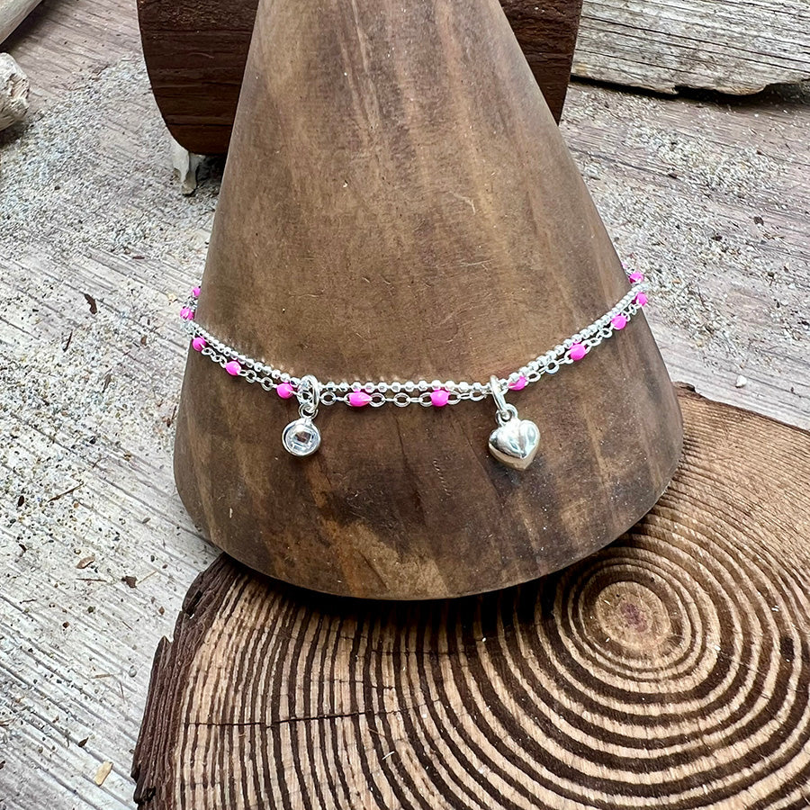Chaîne de cheville femme double-rang LICK MY LOLLIPOP – chaîne perles émaillées rose fluo, pendentif cœur bombé et pendentif zircon façon diamant en argent 925