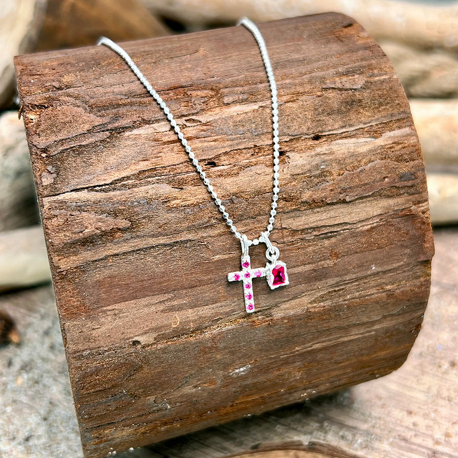 Collier femme PINKY PIE – chaîne boules facettées scintillantes, pendentif croix zircon fuchsia et pendentif rectangulaire zircon fuchsia étoile en relief, argent 925