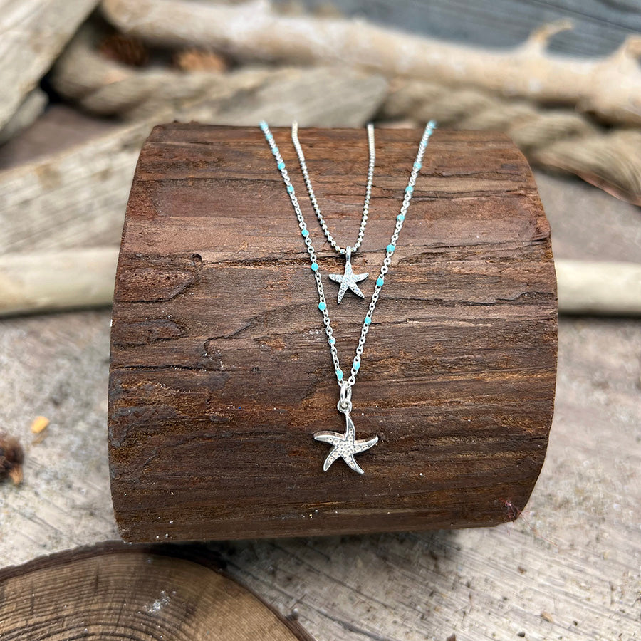 collier femme double rang MERMAID APPROVED & STARFISHED – chaîne perles émaillées turquoise, pendentifs étoile de mer miroir et pavée, argent 925