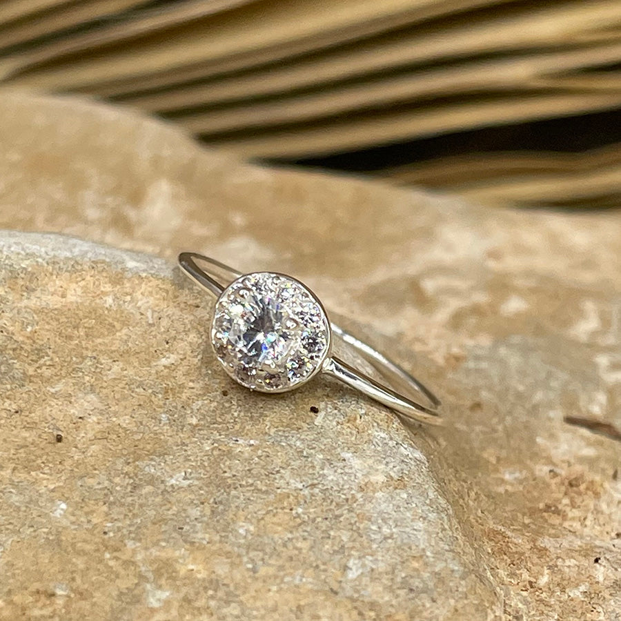 Bague femme SPARKLE KISS – argent 925, zircon central rond et halo pavé façon diamant