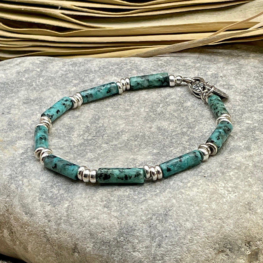 Bracelet homme WILD SPOTS – perles tubes jaspe dalmatien et fermoir en argent 925