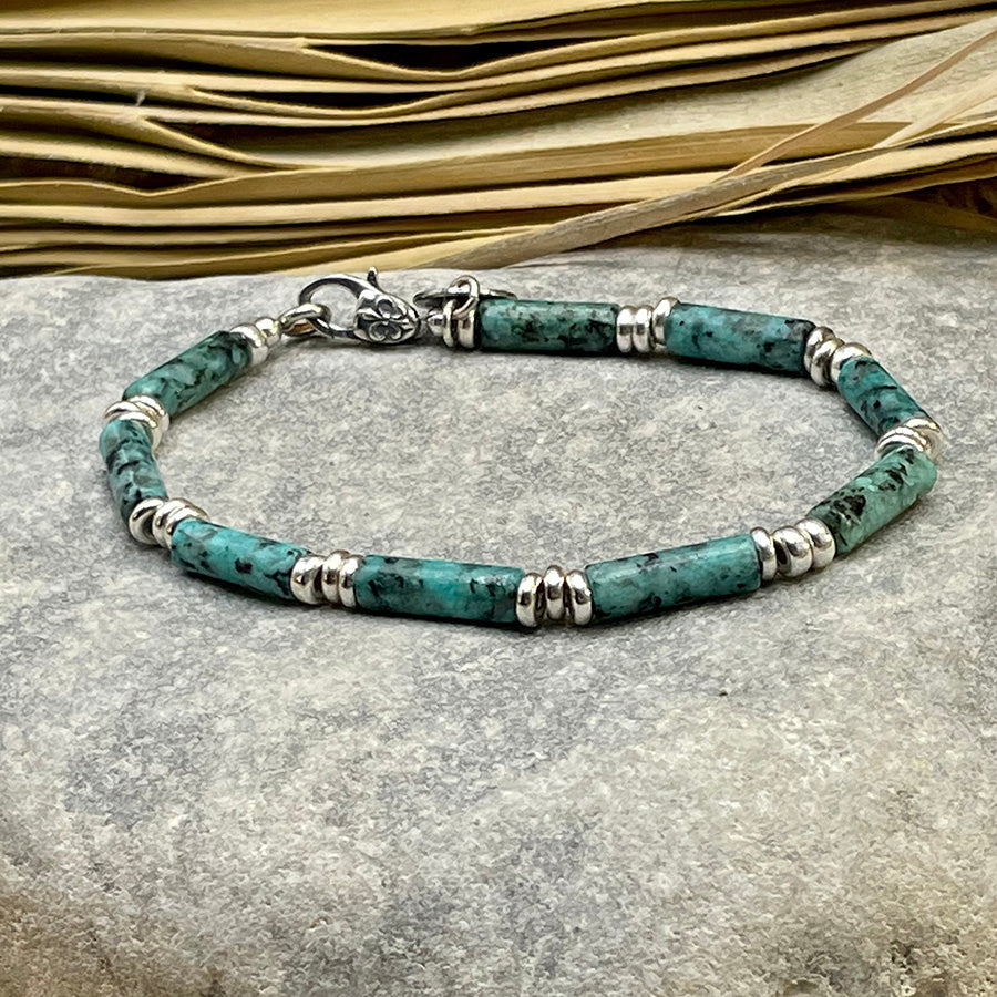 Bracelet homme WILD SPOTS – perles tubes jaspe dalmatien et fermoir en argent 925