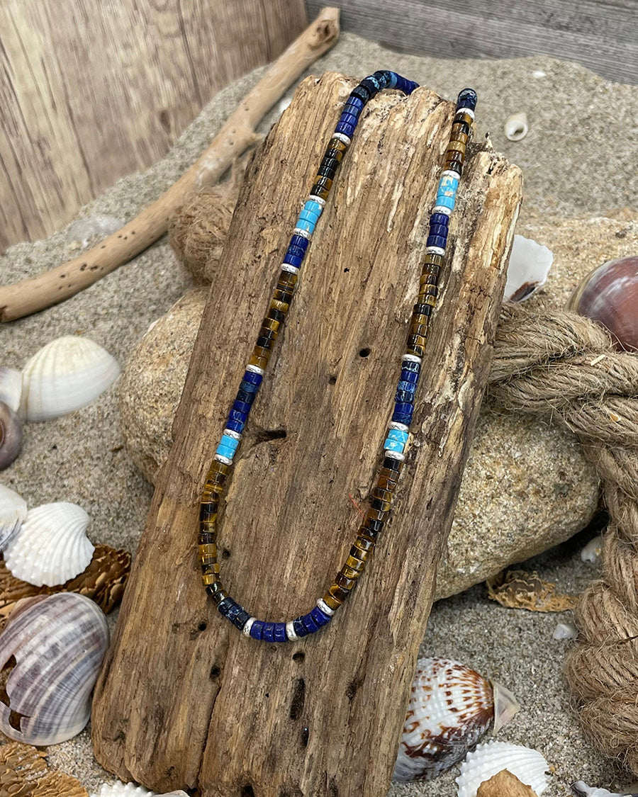 Collier homme surfeur MENTAWAI TRIP – perles heishi jaspe impérial, œil de tigre, lapis-lazuli et fermoir mousqueton en argent 925