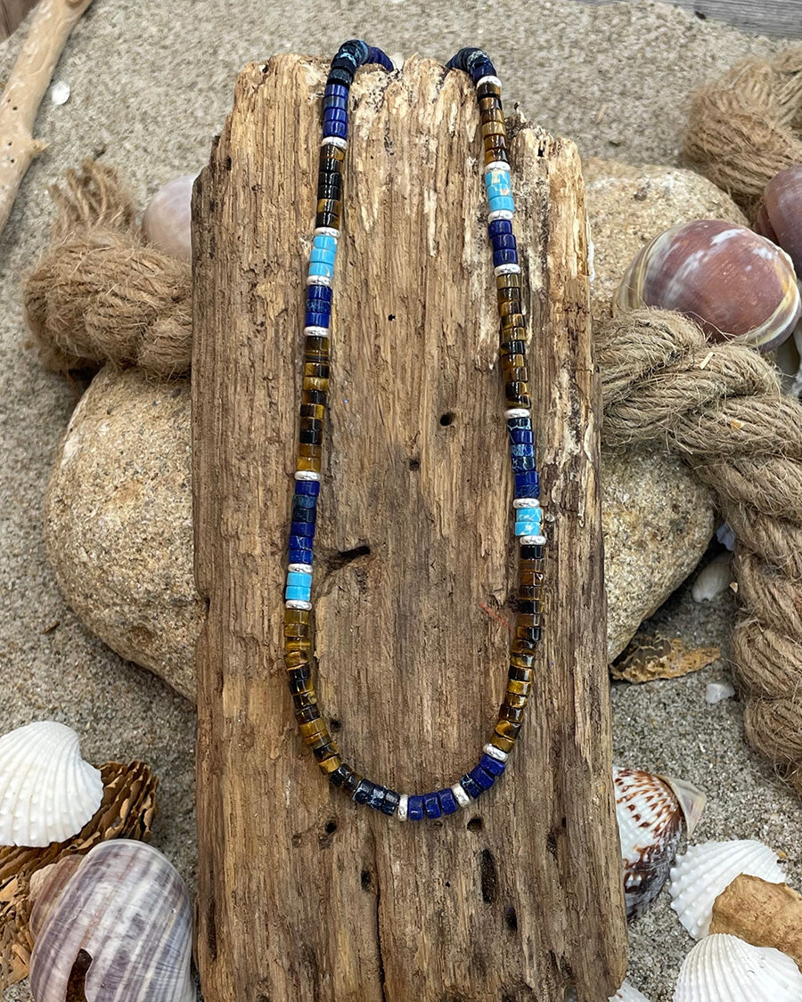 Collier homme surfeur MENTAWAI TRIP – perles heishi jaspe impérial, œil de tigre, lapis-lazuli et fermoir mousqueton en argent 925