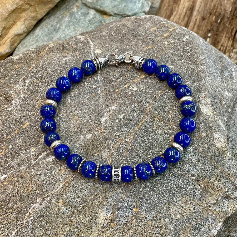 Bracelet homme BLUE VICE – perles de lapis-lazuli 8 mm, donut artisanal et fermoir mousqueton argent 925