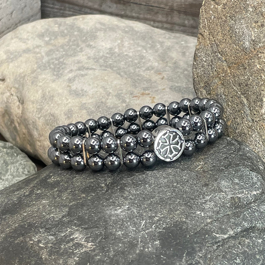 TWICE THE TROUBLE UNISEX DOUBLE ROW BRACELET IN TERAHERTZ PEARLS AND OCCITAN CROSS SPACER IN 925 SILVER