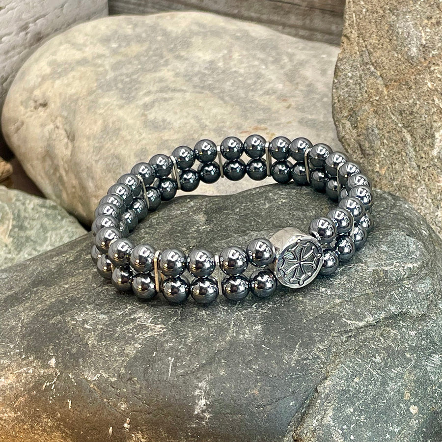TWICE THE TROUBLE UNISEX DOUBLE ROW BRACELET IN TERAHERTZ PEARLS AND OCCITAN CROSS SPACER IN 925 SILVER