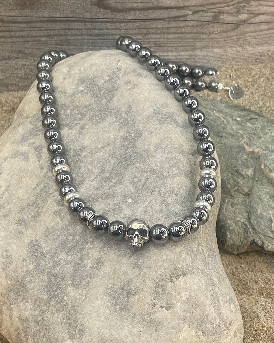 Collier homme REST IN STYLE – perles de térahertz, tête de mort signature et argent 925