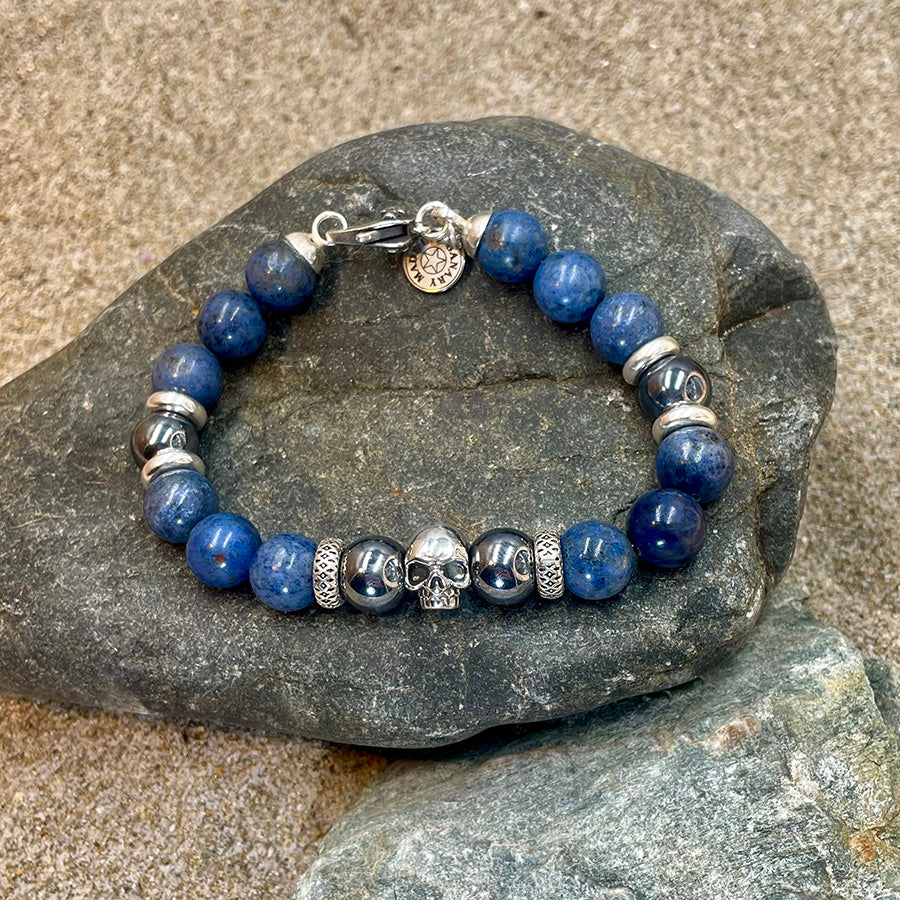 Bracelet homme SHADOW SEA – perles de diomérite 10 mm, térahertz, tête de mort Pitch & Néo® et fermoir skull argent 925