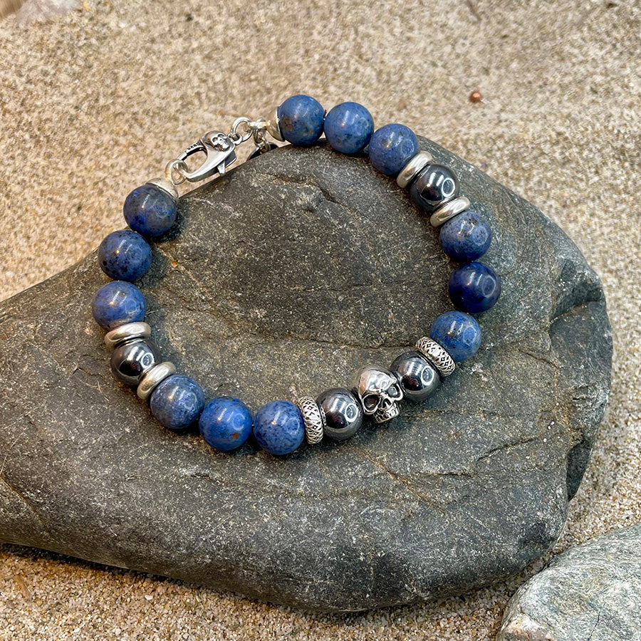 Bracelet homme SHADOW SEA – perles de diomérite 10 mm, térahertz, tête de mort Pitch & Néo® et fermoir skull argent 925