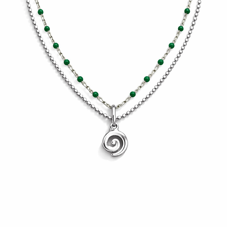 Collier double - rang chaîne perles émaillées et chaîne boules facettées scintillantes pendentif spirale femme argent 925 TOO SPIN TO STOP – bijoux fait main en argent 925 | Pitch & Néo