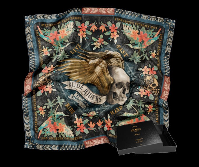 FOULARD RUDE RIDERS® MODÈLE SKULL & BUTTERFLIES – bijoux fait main en argent 925 | Pitch & Néo