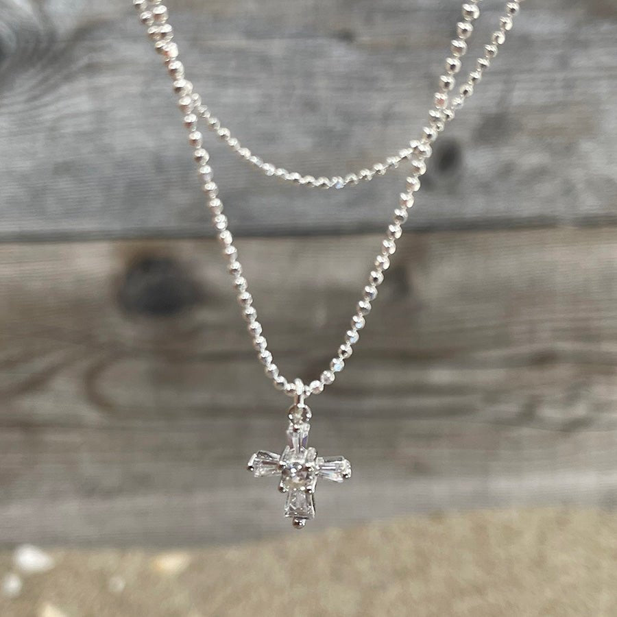 4 GOD'S SAKE COLLIER DOUBLE RANG CHAÎNE BOULES DIAMANTÉES PENDENTIF CROIX ZIRCONS EN ARGENT 925 – bijoux fait main en argent 925 | Pitch & Néo
