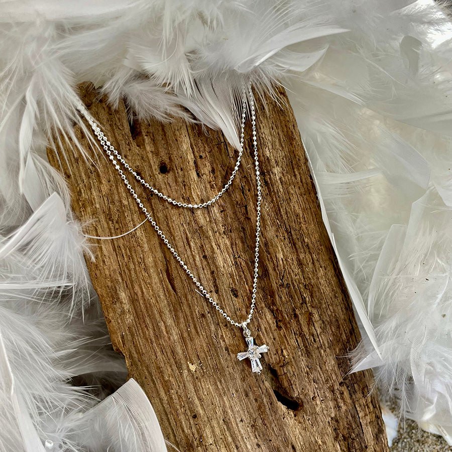 4 GOD'S SAKE COLLIER DOUBLE RANG CHAÎNE BOULES DIAMANTÉES PENDENTIF CROIX ZIRCONS EN ARGENT 925 – bijoux fait main en argent 925 | Pitch & Néo