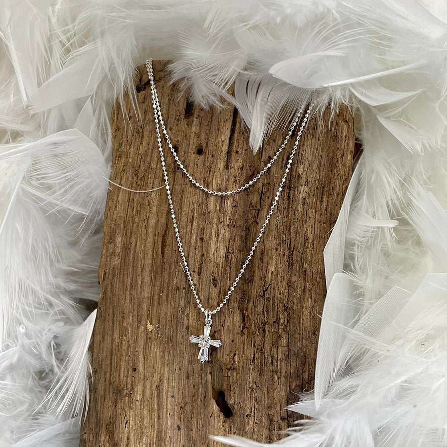 4 GOD'S SAKE COLLIER DOUBLE RANG CHAÎNE BOULES DIAMANTÉES PENDENTIF CROIX ZIRCONS EN ARGENT 925 – bijoux fait main en argent 925 | Pitch & Néo