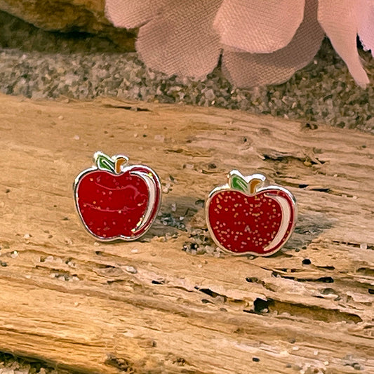 BIG APPLE BOUCLES D'OREILLES ENFANT POMME D'AMOUR EN ÉMAIL PAILLETÉ ET ARGENT 925