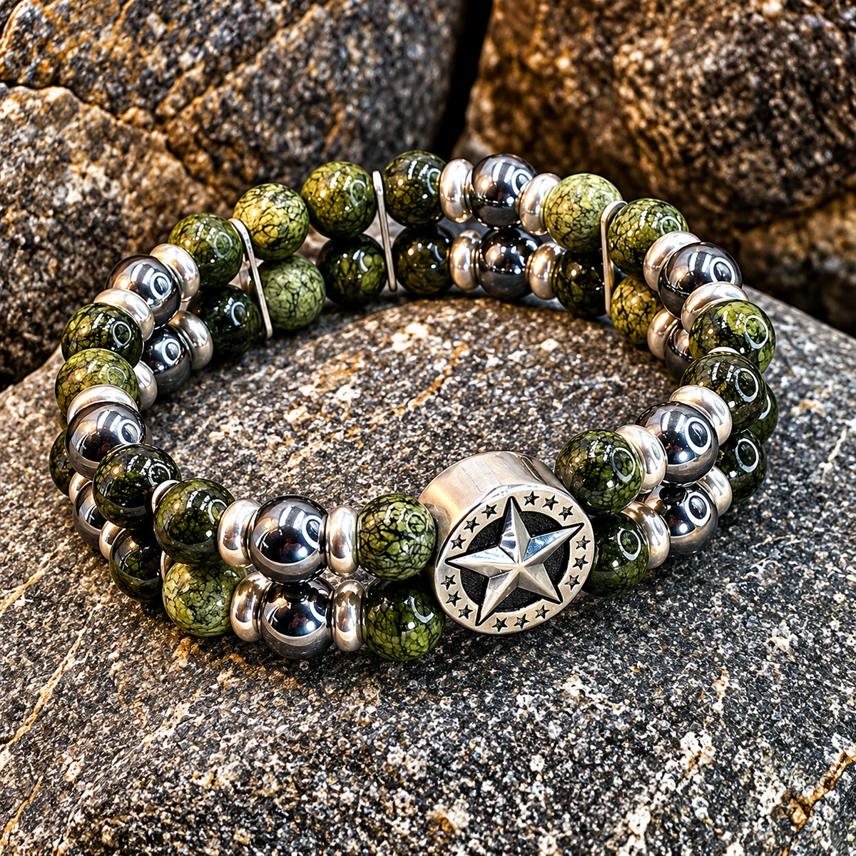 Herrenarmband SALTY KISSES – 8 mm Scheibenperlen aus Aqua Terra Jaspis, Signatur-Donut aus 925er Silber