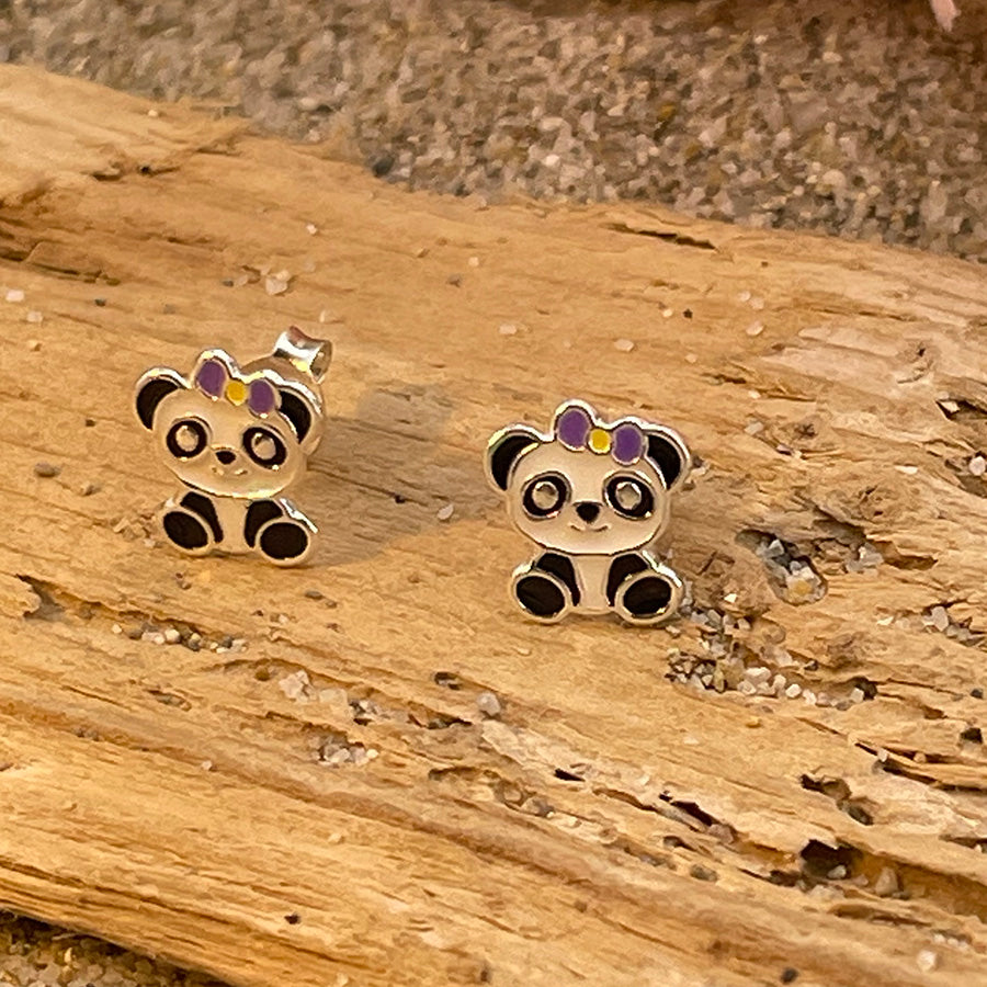 PANDI BOUCLES D'OREILLES ENFANT PANDAS EN ÉMAIL PAILLETÉ ET ARGENT 925