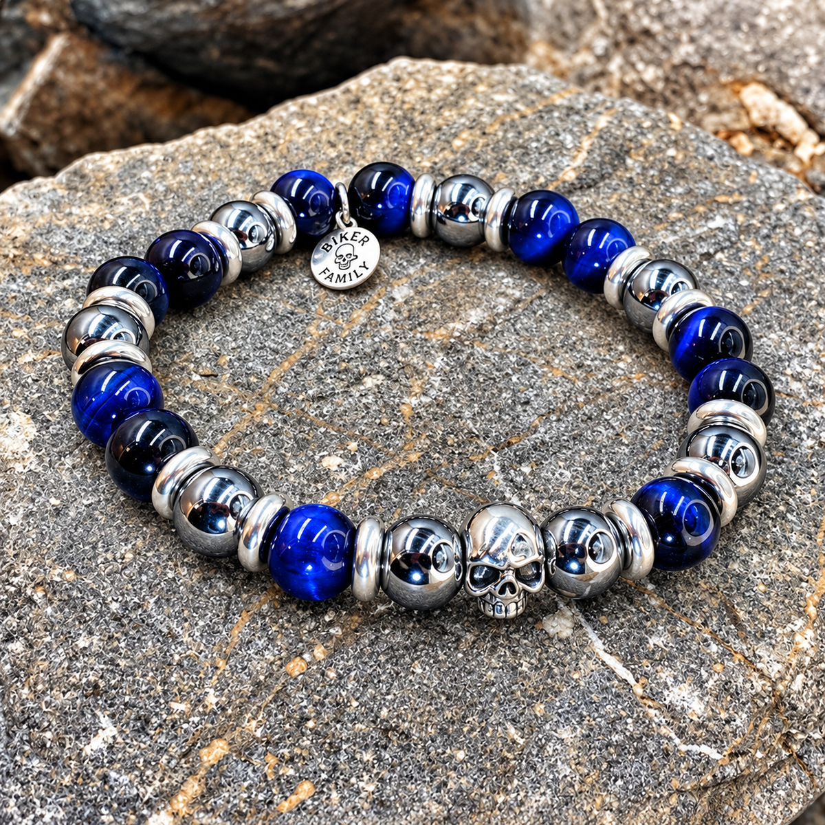 Bracelet perles 10 mm tête de mort homme argent 925 LAGUNA BEACH