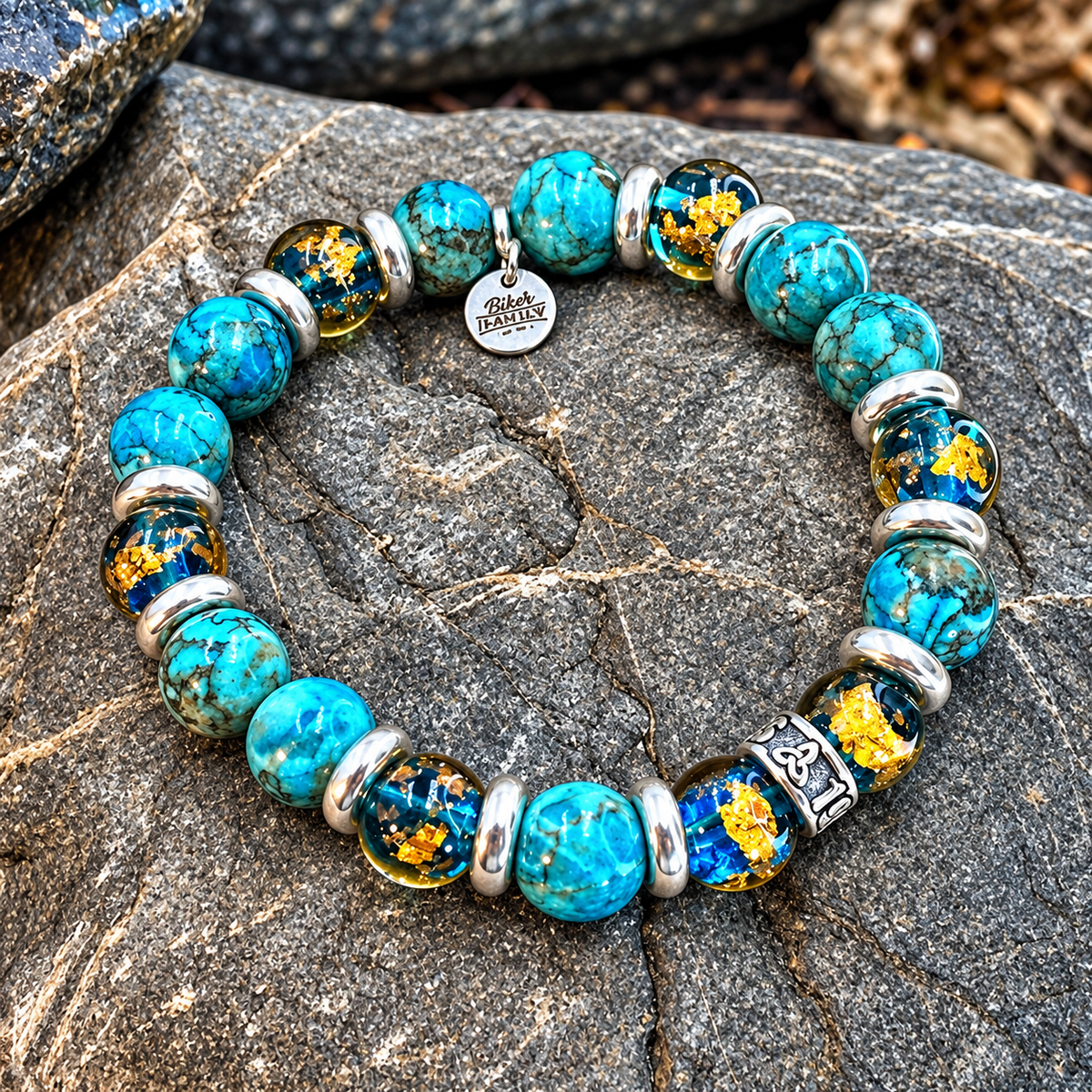 Bracelet perles 10 mm turquoise homme argent 925 EL MONDO